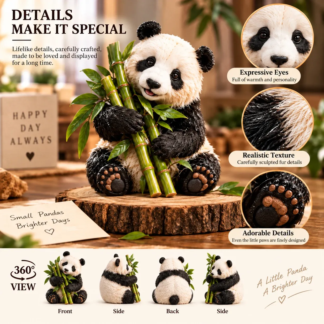 Close-up of panda figurine expressions, paws, and sculpted fur