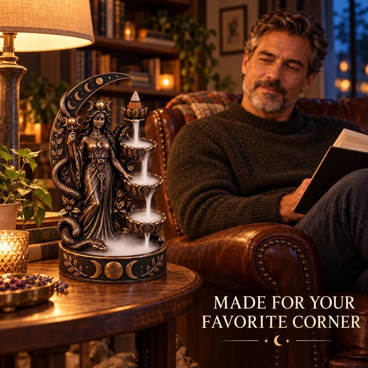 Dark celestial incense burner displayed beside a reading chair