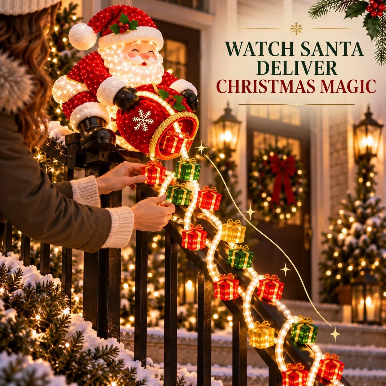 Santa delivering illuminated Christmas presents down a railing