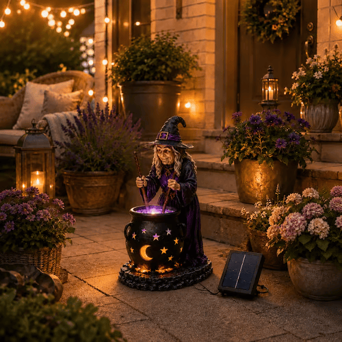 Halloween witch glowing cauldron solar light