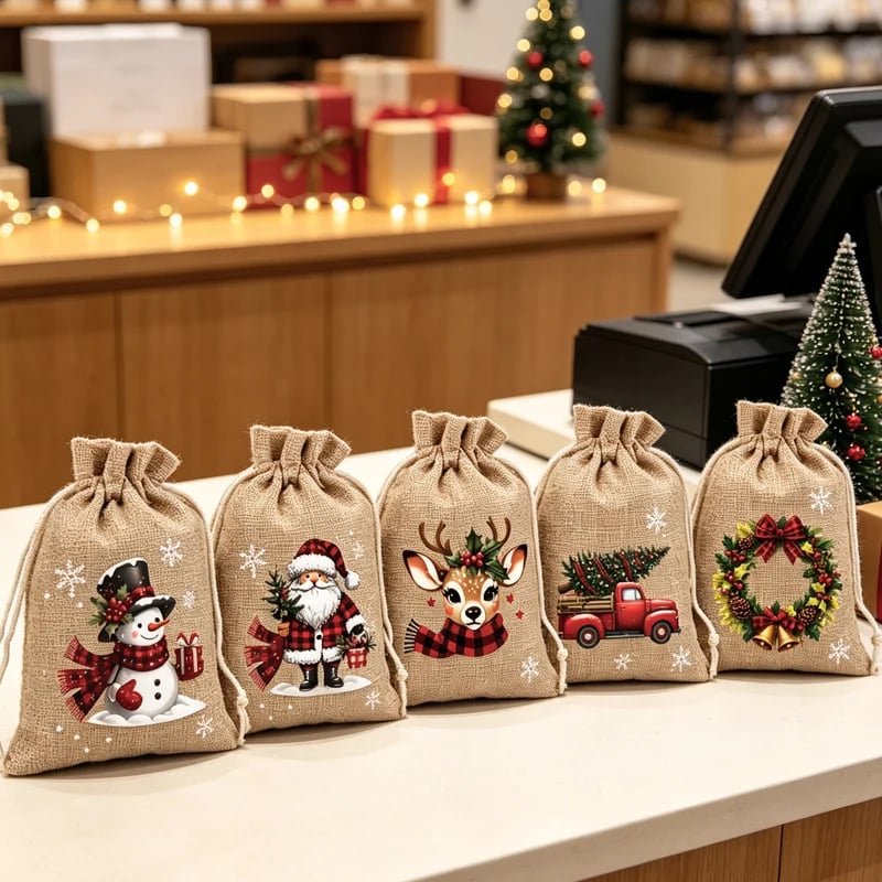 Christmas drawstring gift bags with festive character designs