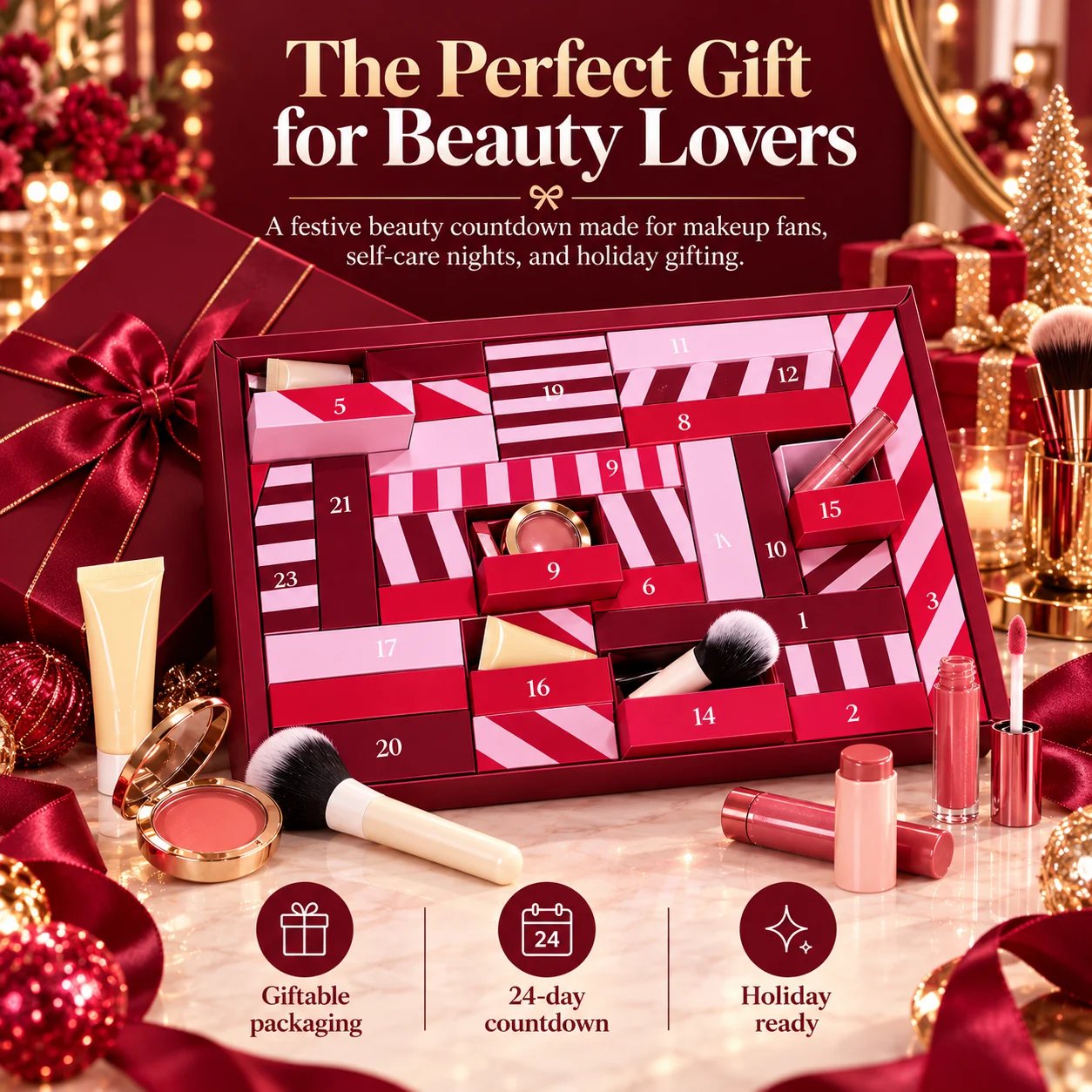 Beauty advent calendar displayed in festive red Christmas gift setting