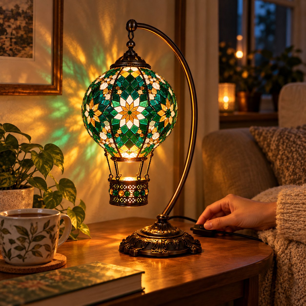Emerald green mosaic hot air balloon lamp being switched on