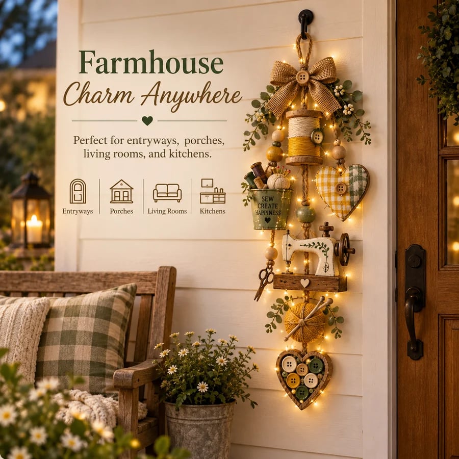 Rustic lighted sewing themed farmhouse hanging decor
