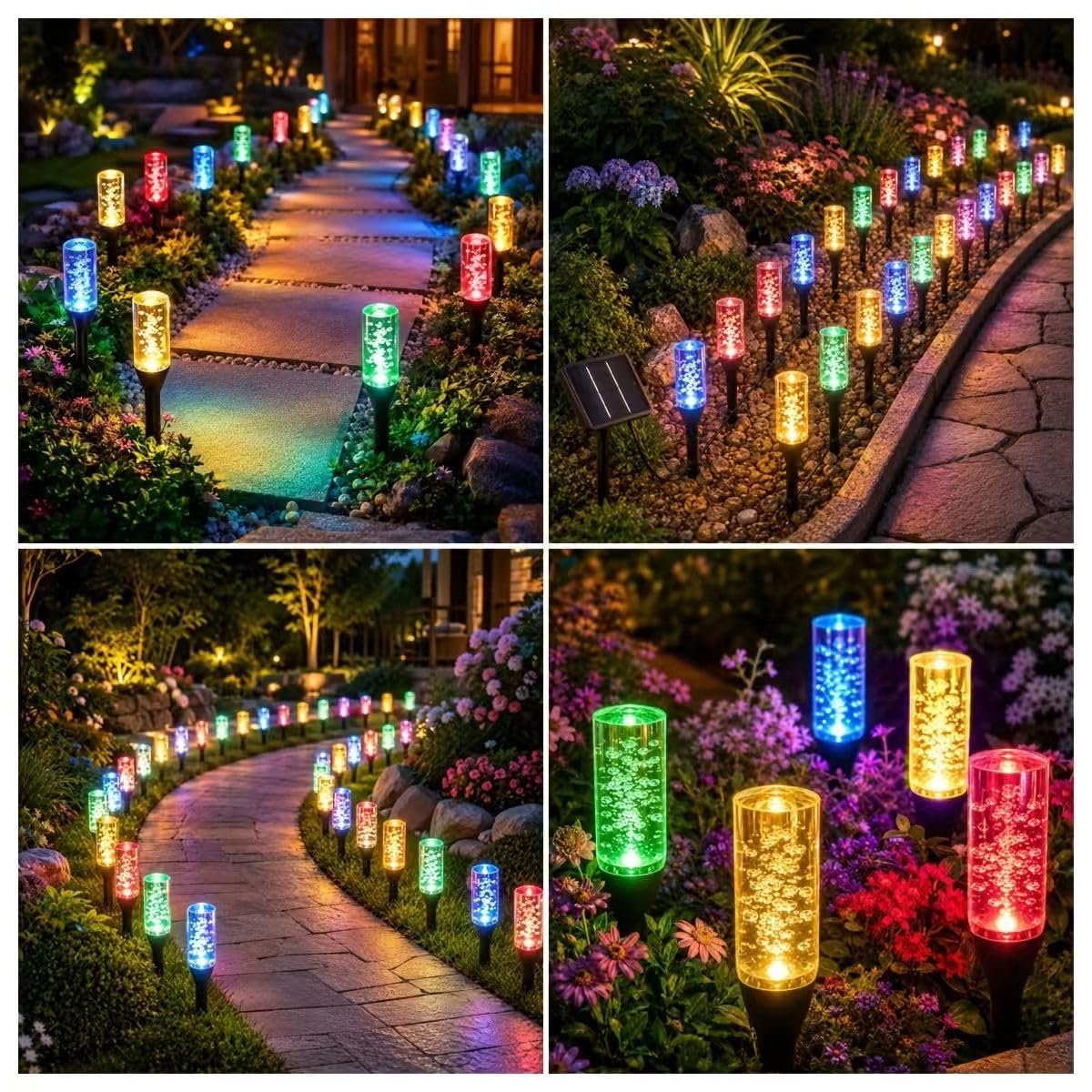 Solar pathway lights around a garden path leading to a fire pit