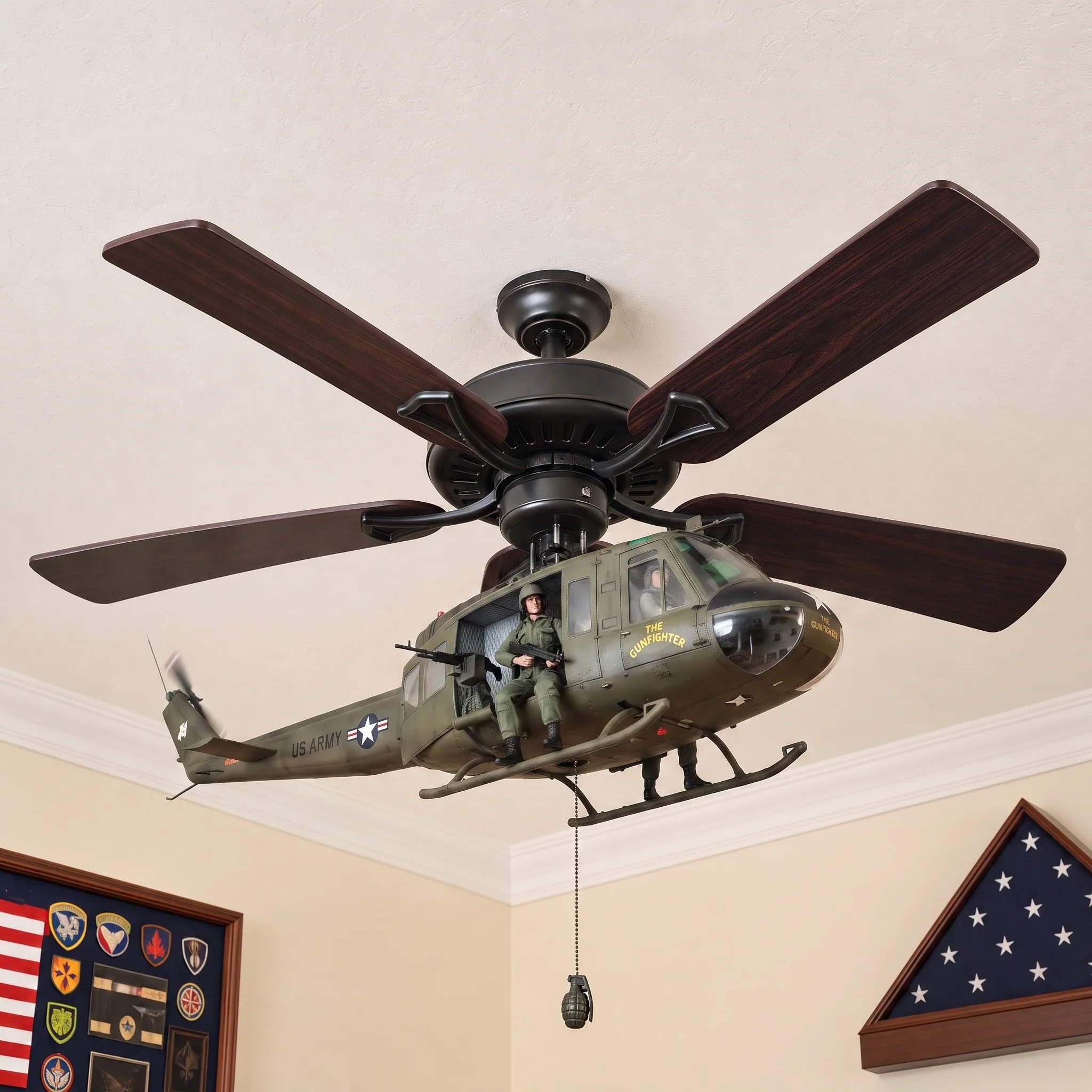 Decorative military helicopter attached beneath a ceiling fan