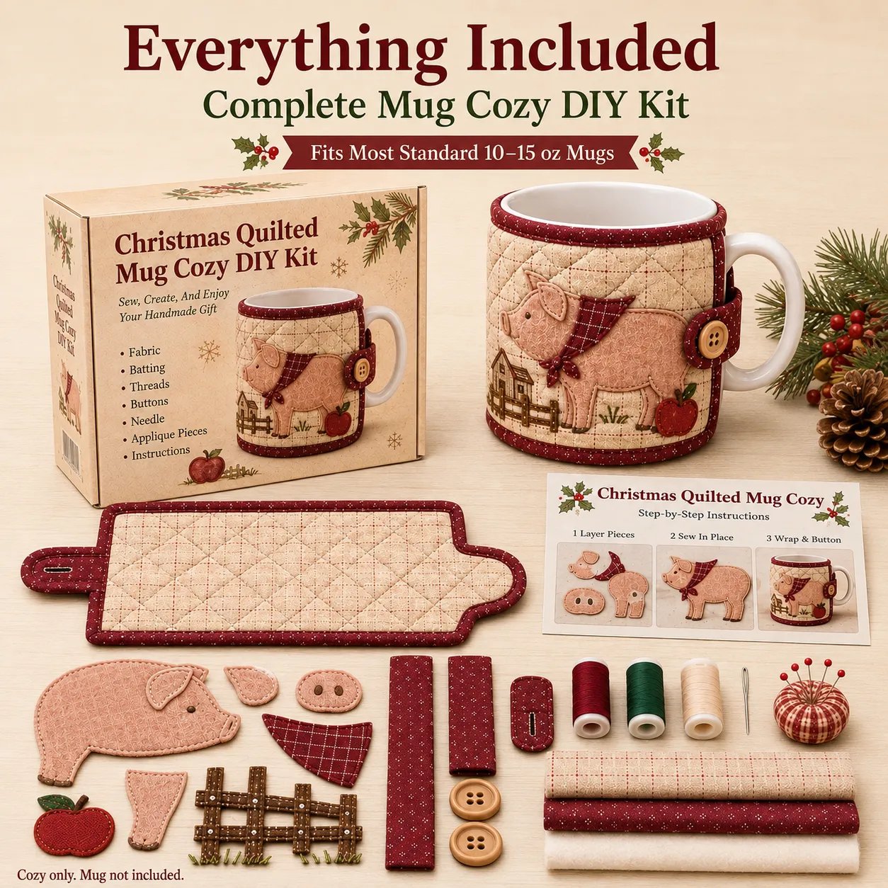 Everything included in the farmhouse mug cozy sewing kit
