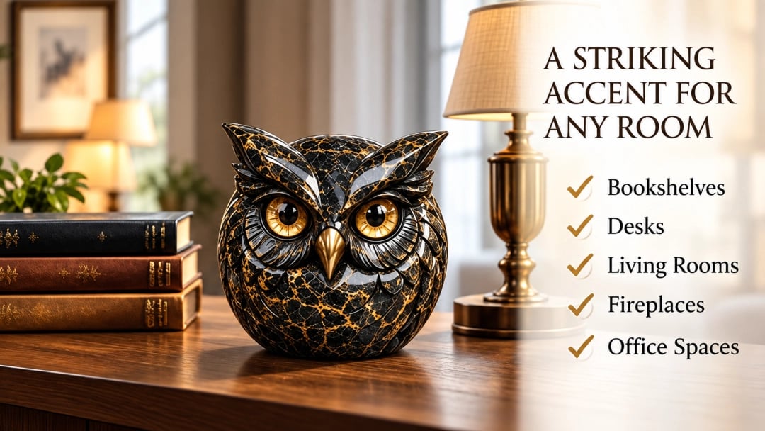 Guardian animal sculptures displayed as black-and-gold accents in a warm modern home interior.