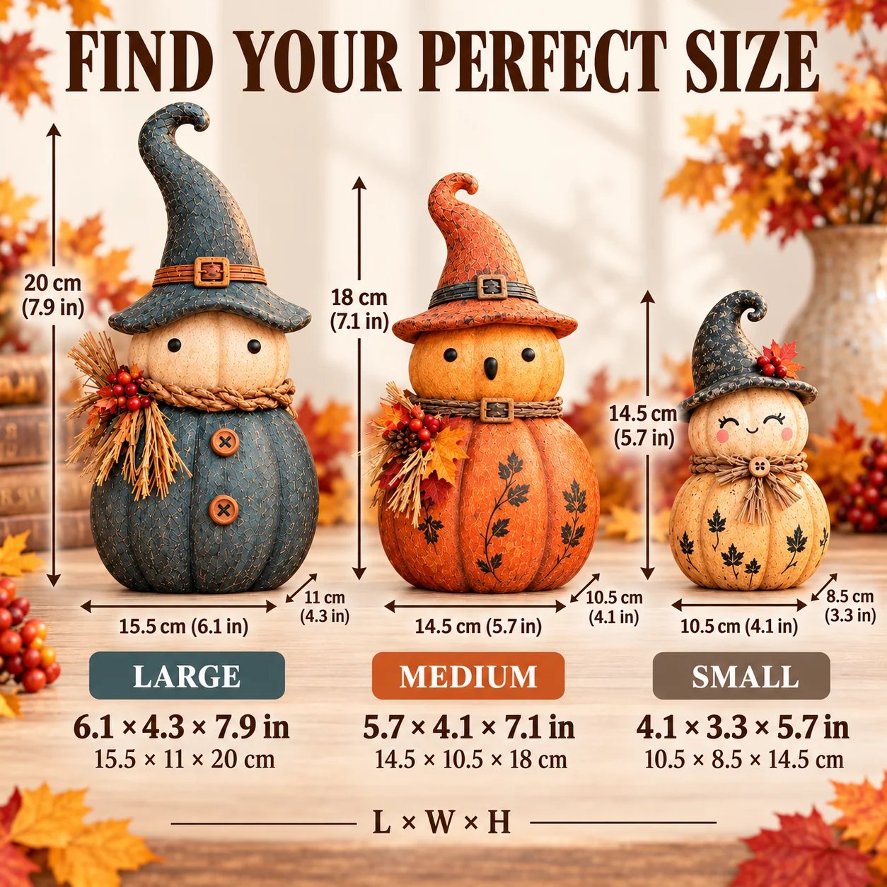 Woman arranging pumpkin witch figurines in a warm fall home