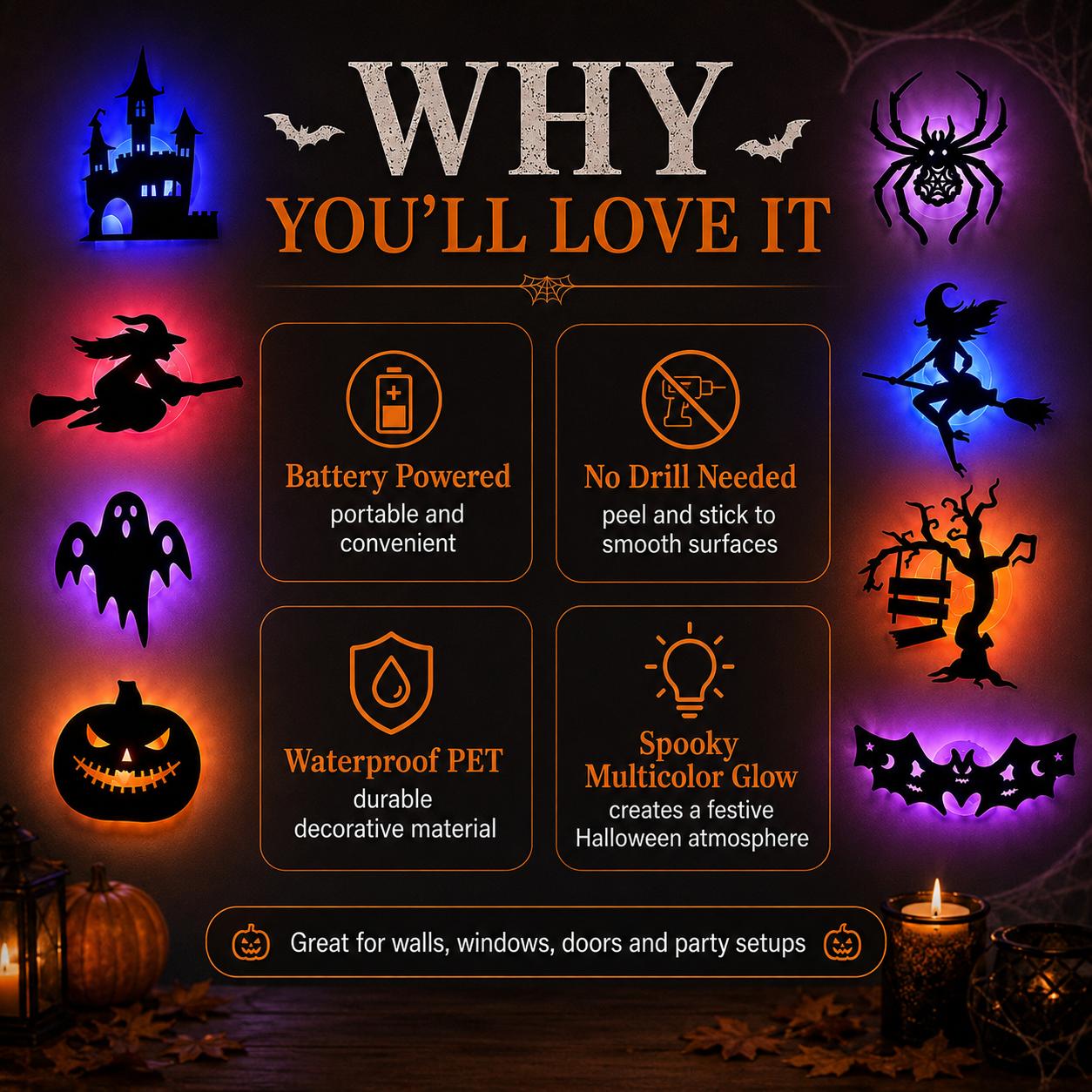 Halloween LED Silhouette Wall Light Stickers, Battery Powered Peel & Stick Decor Lights, No Drill PET Waterproof Wall Decor, Spooky Ghost Pumpkin Witch Bat Castle Spider Tree Ornaments for Home Window Door Party, 9/18/27 Pack Available