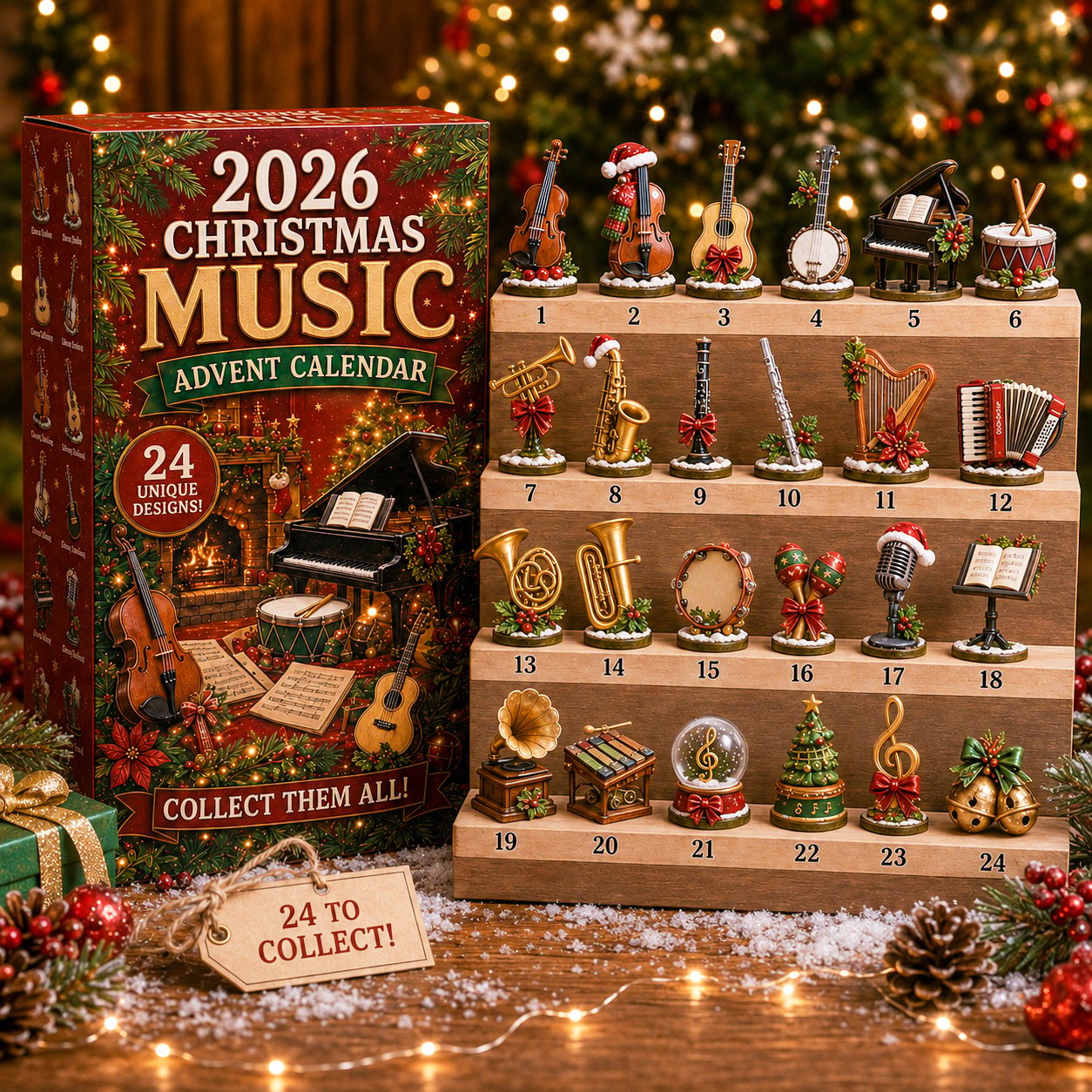 2026 Christmas Music Advent Calendar with 24 miniature music-themed collectibles