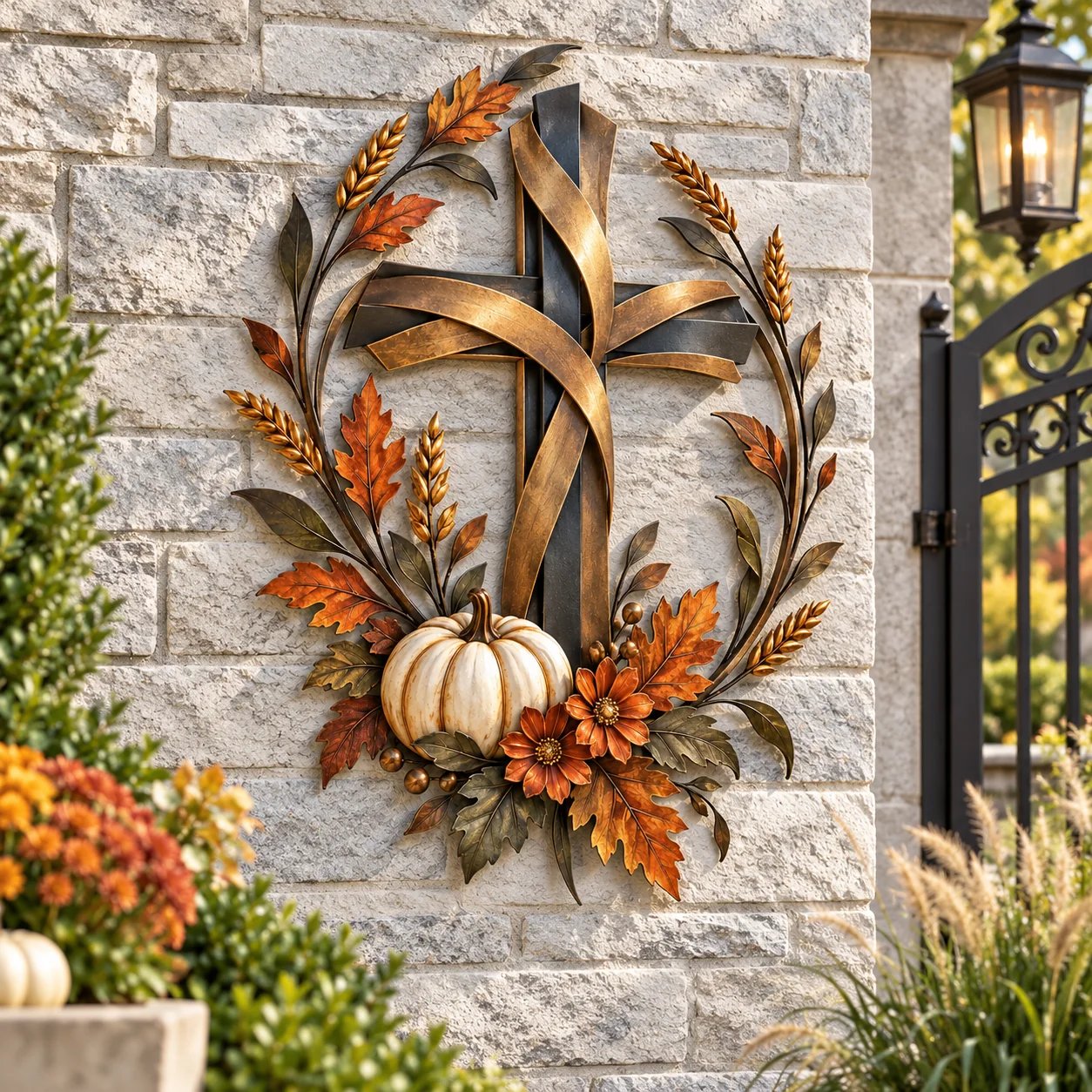 Faith inspired autumn metal cross decor with pumpkin and wheat