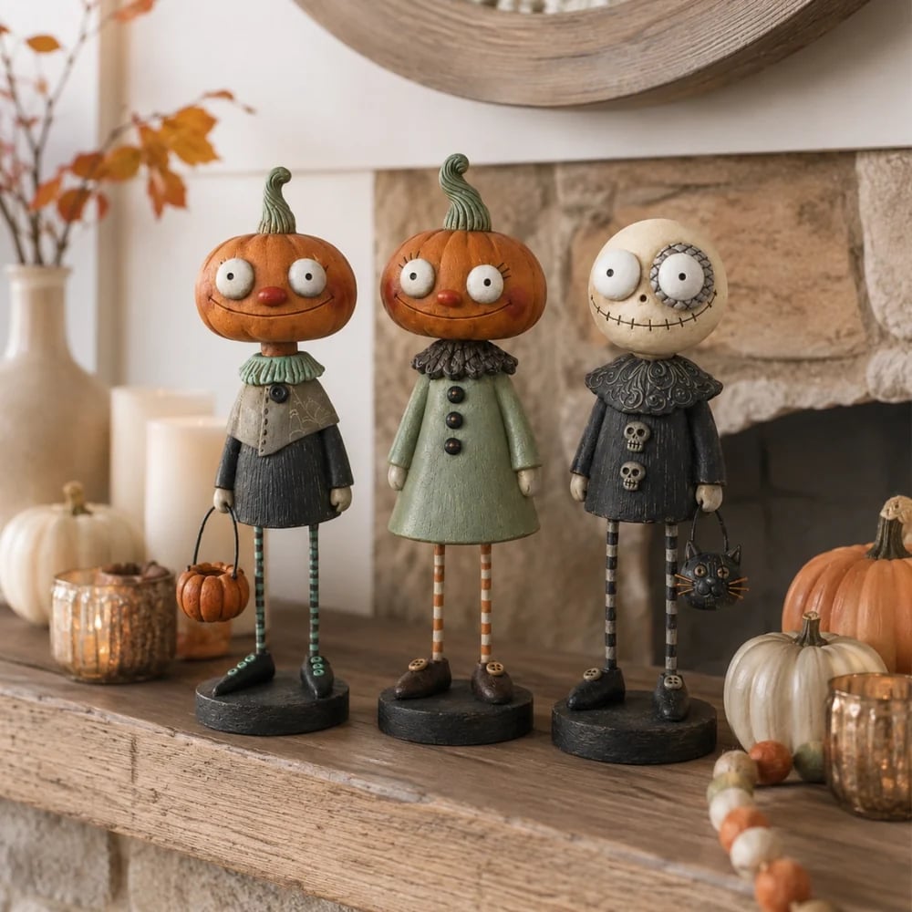 Halloween figurines displayed on a fireplace mantel