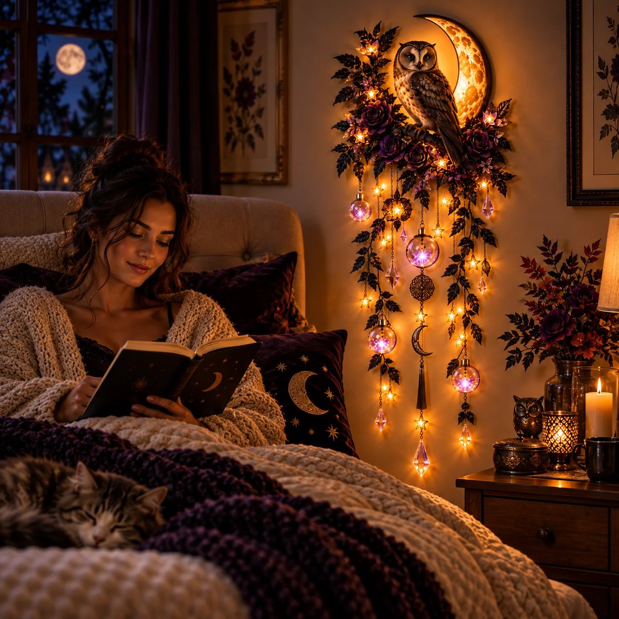 Moonlit owl wall light beside a reading nook