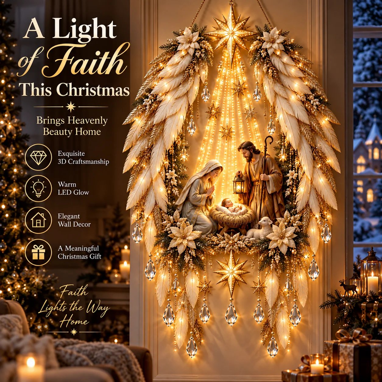 Light of Faith Christmas Nativity wall decor with Bethlehem Star and warm cascading lights