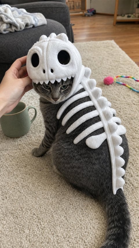 Gray tabby wearing the white dinosaur costume on a living-room rug