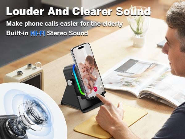 Wireless Induction Audio Speaker Stand, 5in1 Cellphone Holder, 3500mAh Rechargeable Emergency Power Bank,360° Adjustable Mobile Tablet Stand with Colorful Ambient Light Gifts for Men Women