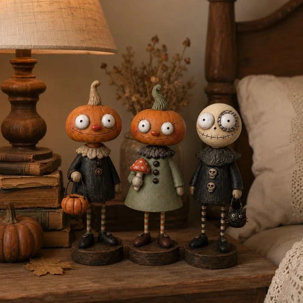 Halloween figurines on a cozy bedroom side table