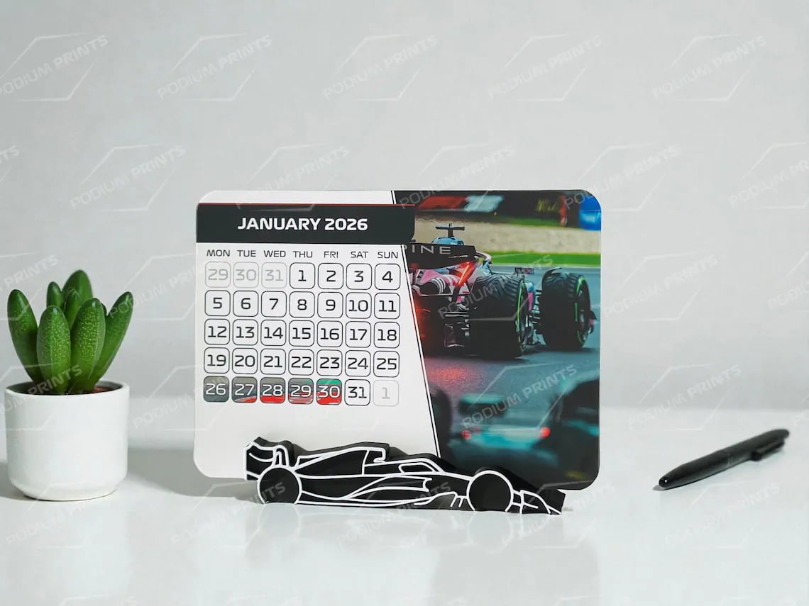 Formula 1 2026 Calendar with F1 race schedule, featuring all 2026 Grand Prix weekends. Includes a custom F1 car stand and 12 premium cardstock pages. Perfect gift for Formula 1 fans, F1 enthusiasts, and motorsport lovers. Ideal desktop accessory or stocking stuffer for the 2026 Formula One season. Handmade, minimalist, and designed for offices, desks, or home decor. Great Formula 1 gift idea for birthdays or Christmas. Formula 1 2026 Calendar with F1 race schedule, featuring all 2026 Grand Prix weekends. Includes a custom F1 car stand and 12 premium cardstock pages. Perfect gift for Formula 1 fans, F1 enthusiasts, and motorsport lovers. Ideal desktop accessory or stocking stuffer for the 2026 Formula One season. Handmade, minimalist, and designed for offices, desks, or home decor. Great Formula 1 gift idea for birthdays or Christmas.