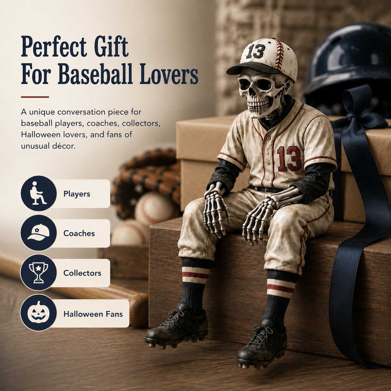 Baseball skeleton shelf sitter gift for baseball fans coaches collectors
