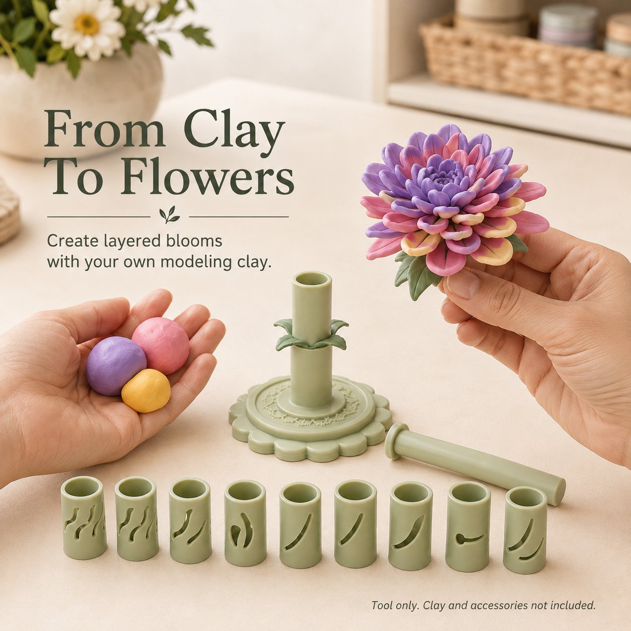 Modeling clay pieces, finished clay flower, modular base, plunger and nine shaping sleeves