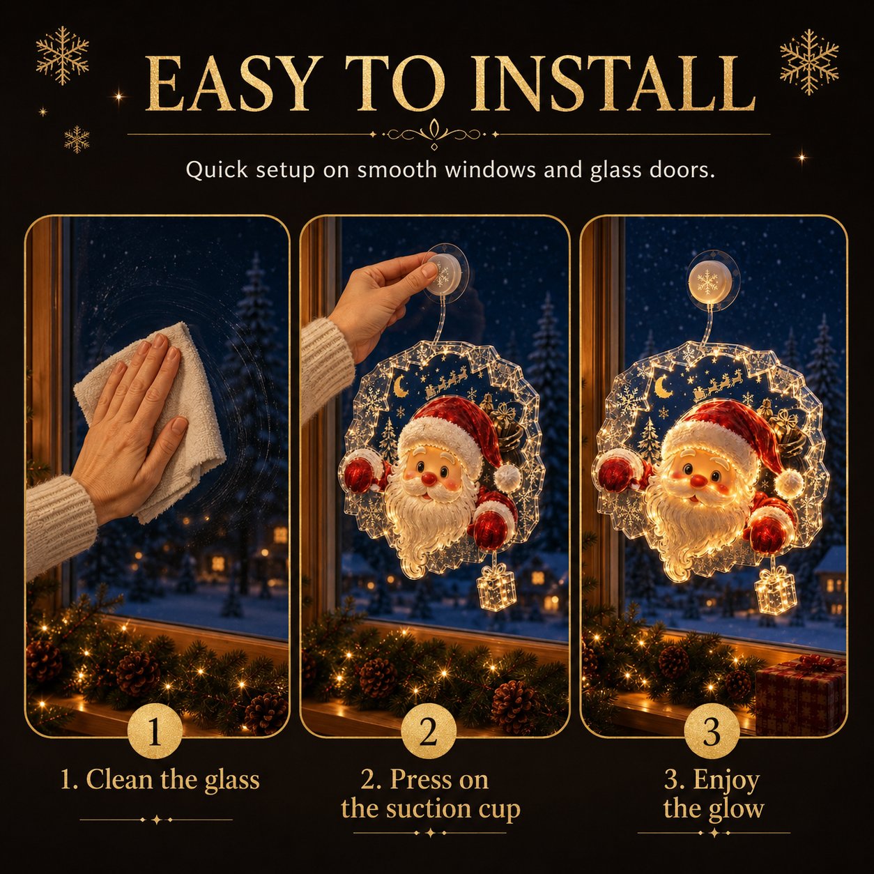 Three-step installation guide for the suction cup window light