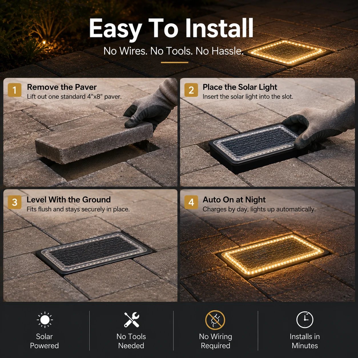 Four-step installation guide for solar paver pathway lights