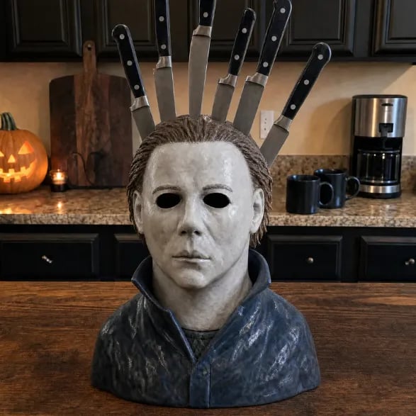 Ceramic horror knife block countertop display for spooky kitchen styling
