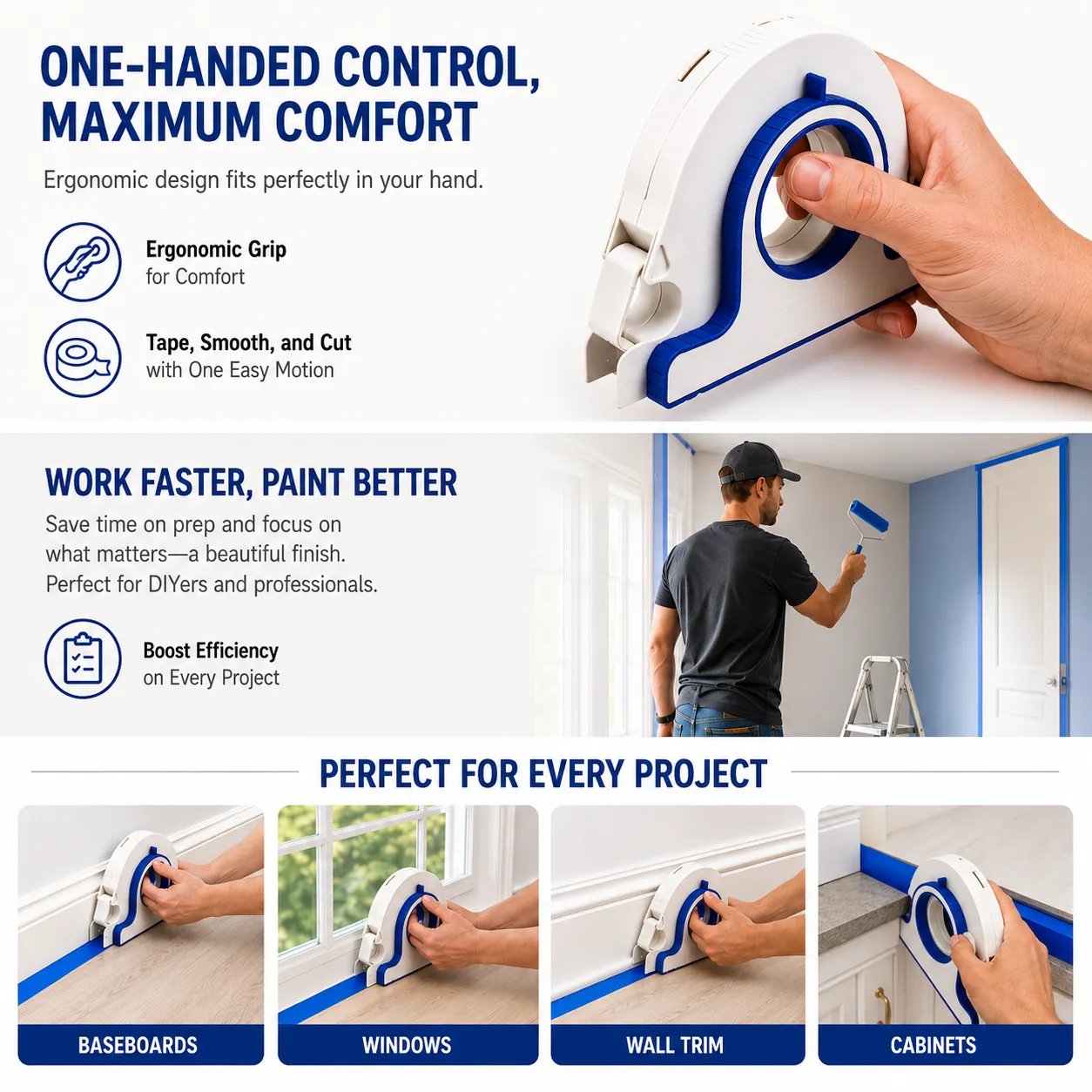 Handheld painter's tape applicator with one-hand operation and built-in cutter