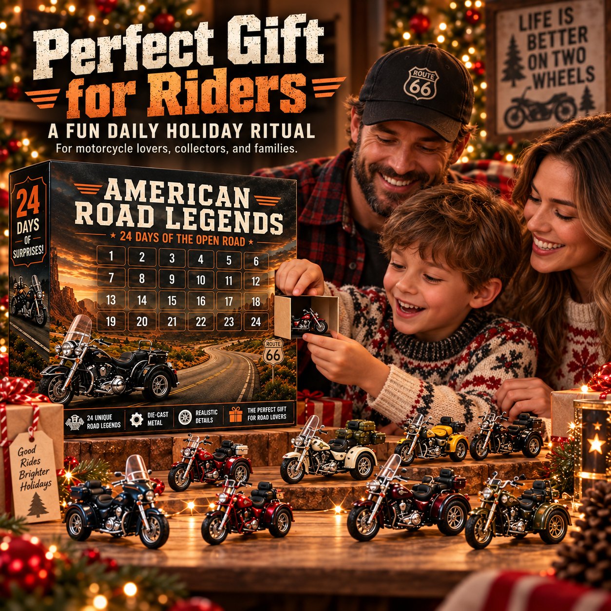 Family-themed promotional image showing a shared motorcycle advent calendar reveal at Christmas