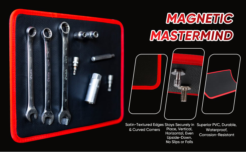 Flexible magnetic tool mats in multiple listed sizes