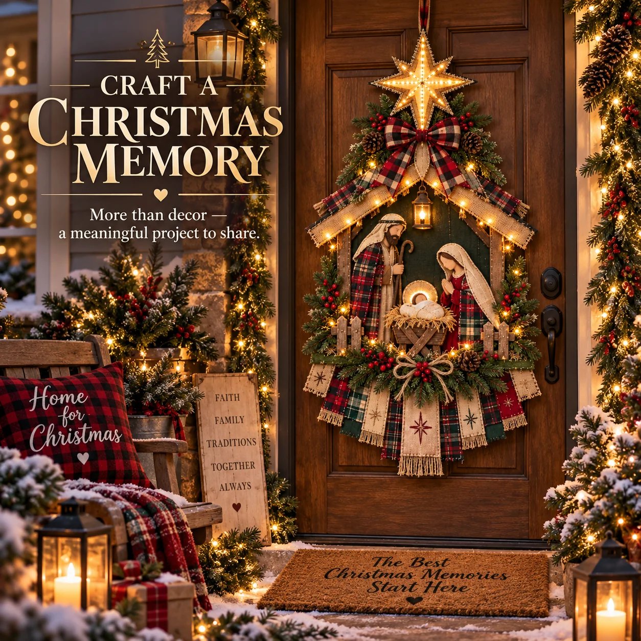 DIY lighted Christmas Nativity scene door hanging on a decorated front door