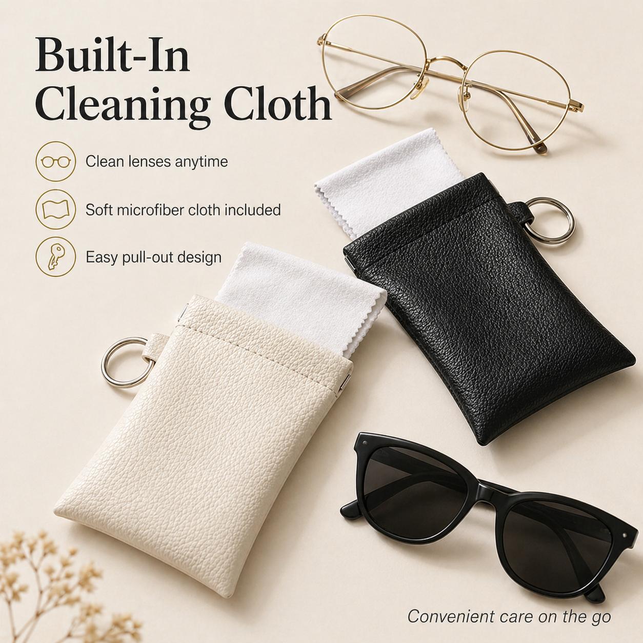 Soft PU Leather Sunglasses Pouch Elastic Opening Eyeglasses Bag, Portable Anti-Scratch Glasses Storage Case With Built-in Cleaning Cloth And Keychain, Minimalist Lightweight Protective Sleeve For Daily Travel Outdoor Women Men Accessories