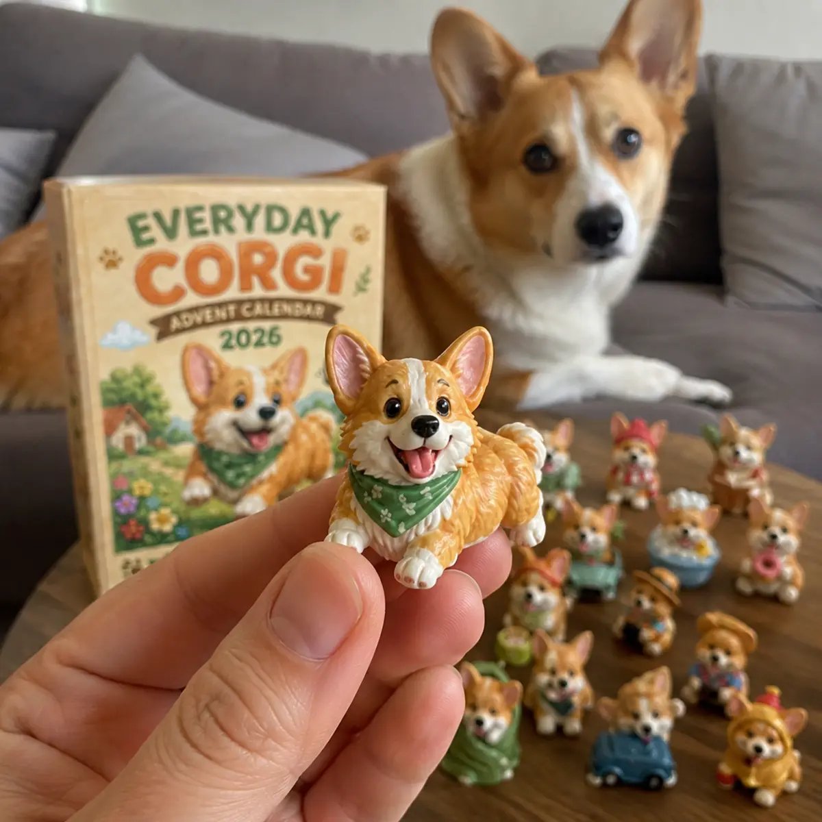 A real Corgi beside the calendar box and a tabletop display of Corgi ornaments