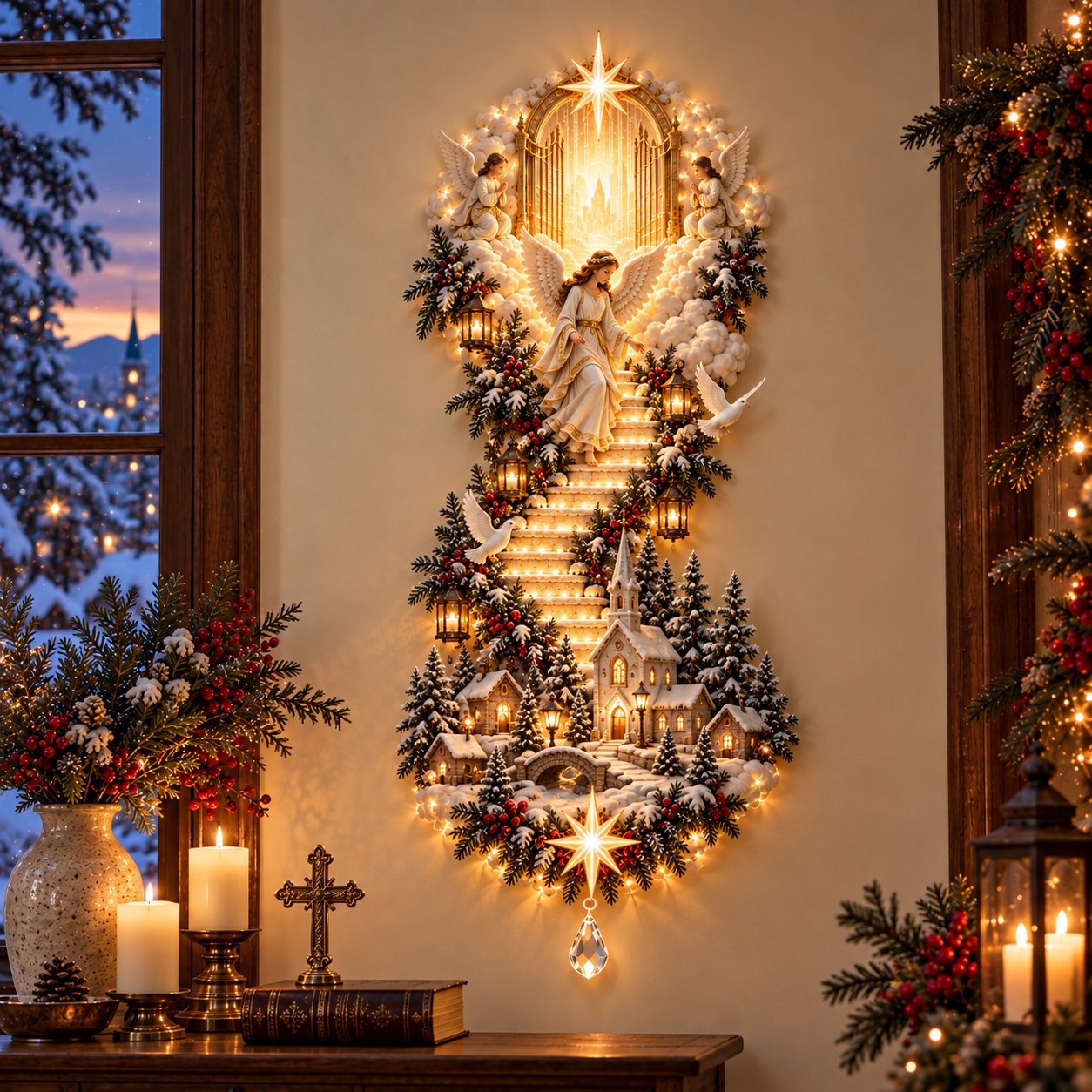 Jesus Light of Heaven Christmas Wall Hanging illuminated at night