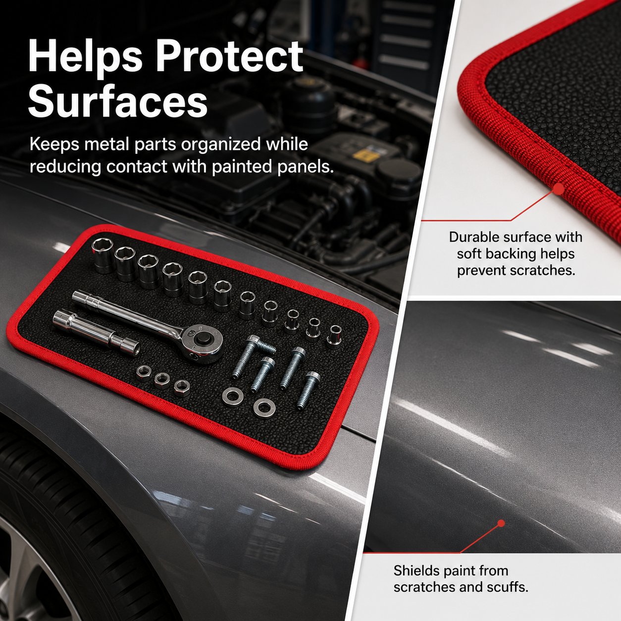 Magnetic tool mat helps protect car surfaces