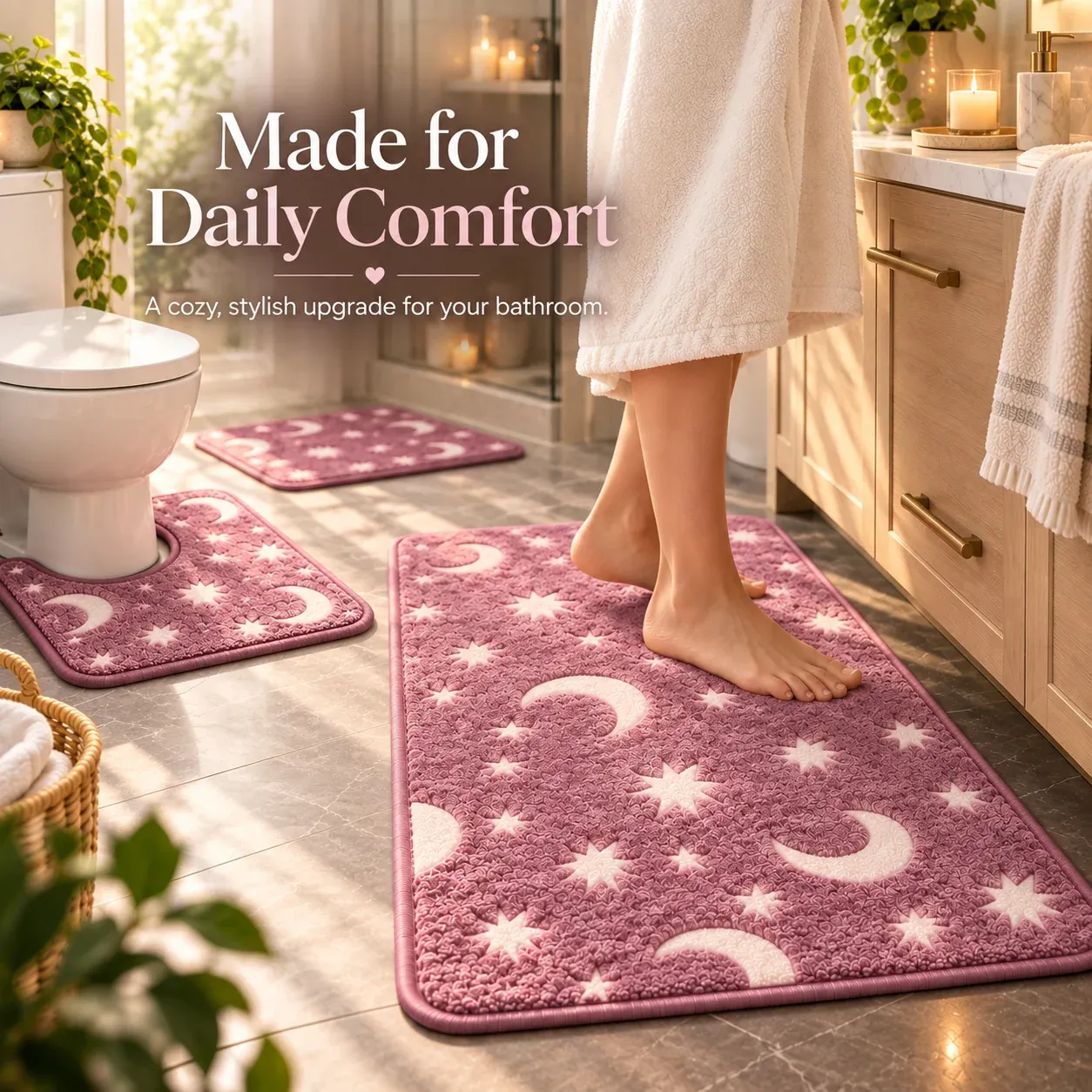 Coordinated moon and star bath mats in a bathroom