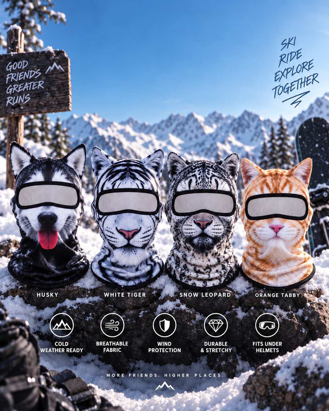 Animal face ski balaclava crew in snowy mountains