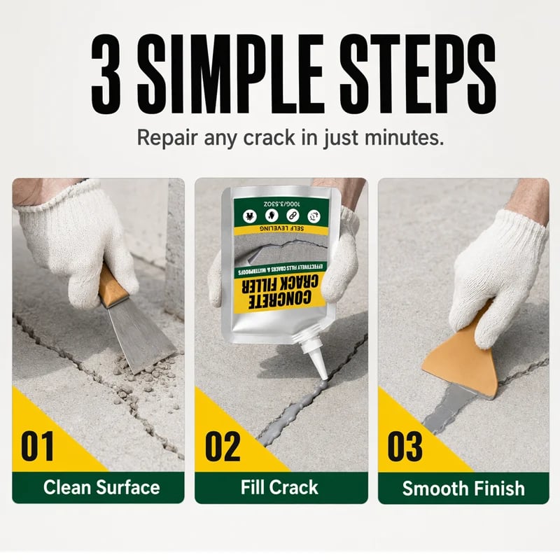 Three-step concrete crack repair instructions