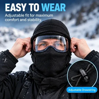 Person adjusting winter balaclava with drawstring