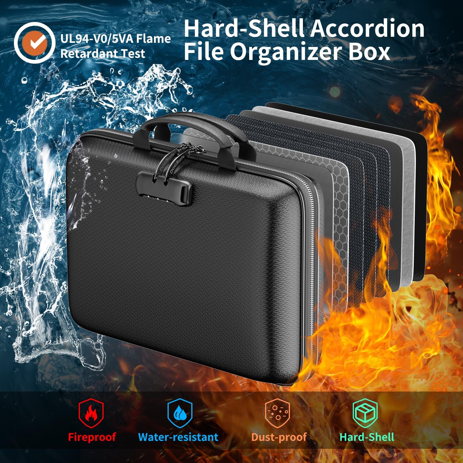 Hard-shell fireproof and water-resistant accordion file organizer with layered material