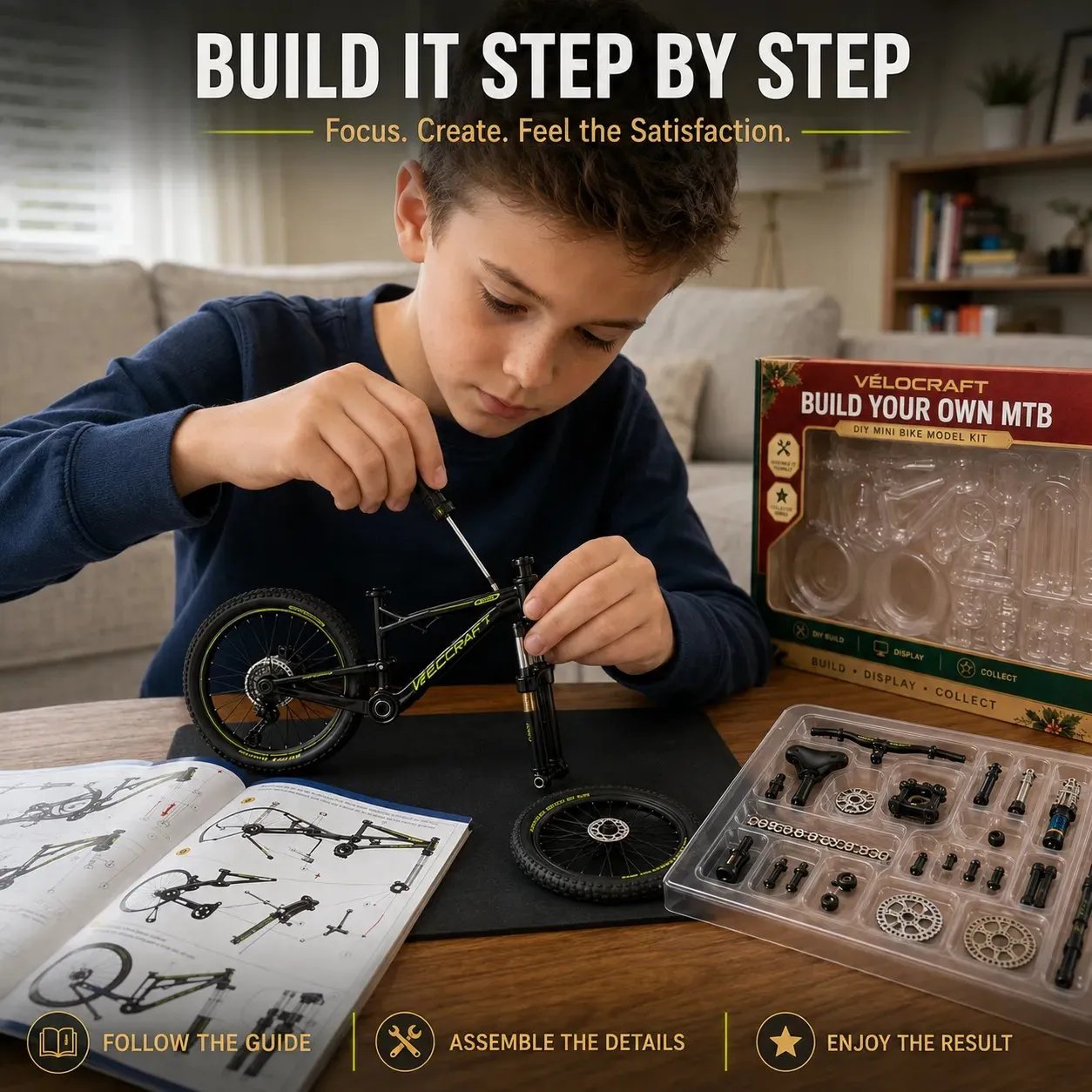 Step-by-step assembly process for the DIY miniature mountain bike model