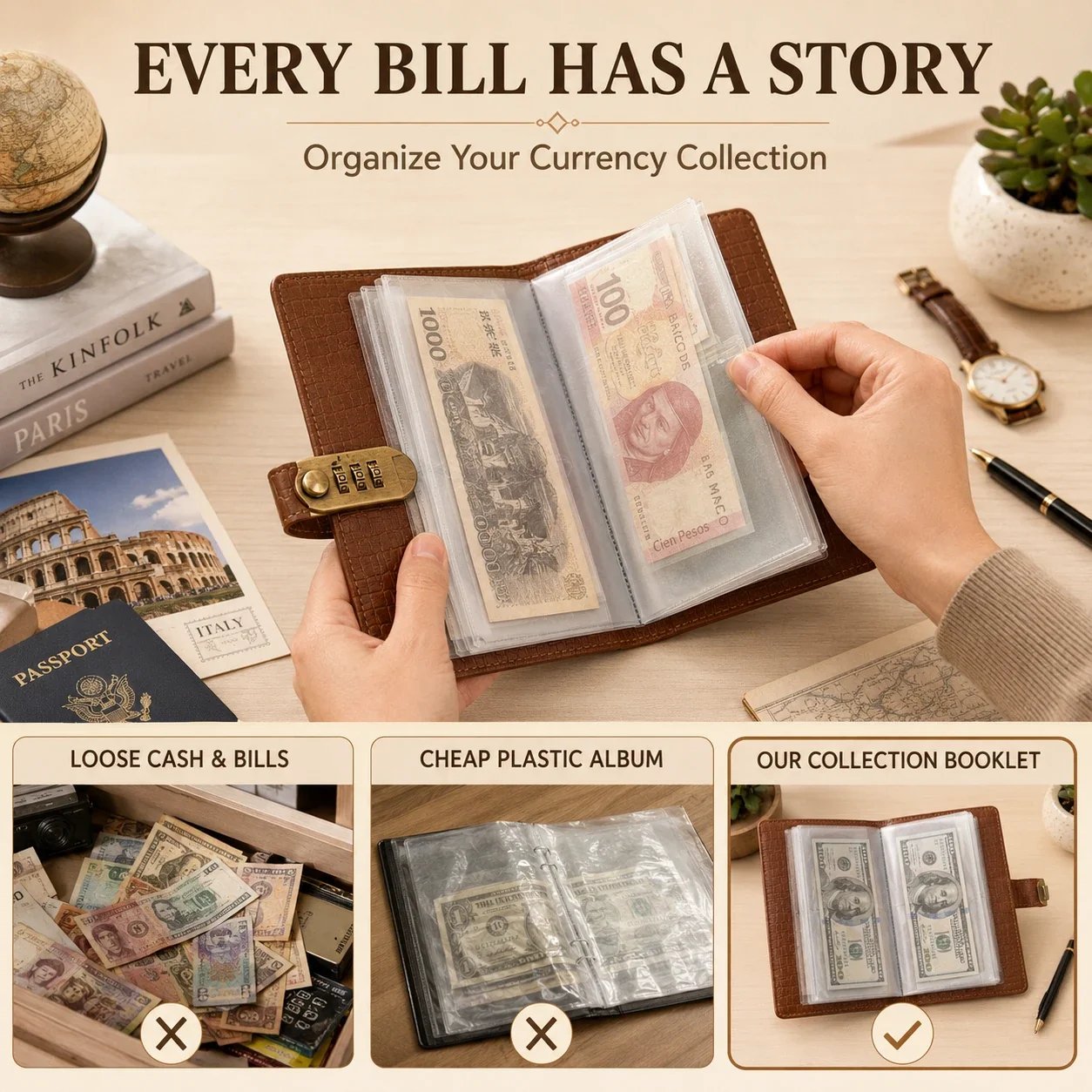 Organized currency collection inside banknote collection booklet