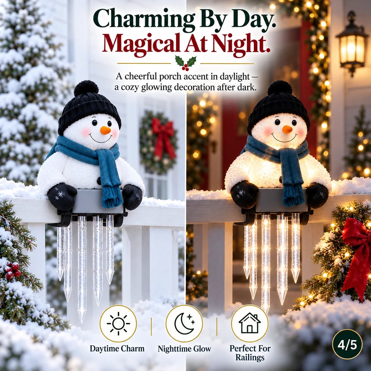 Multiple glowing snowmen across Christmas porch