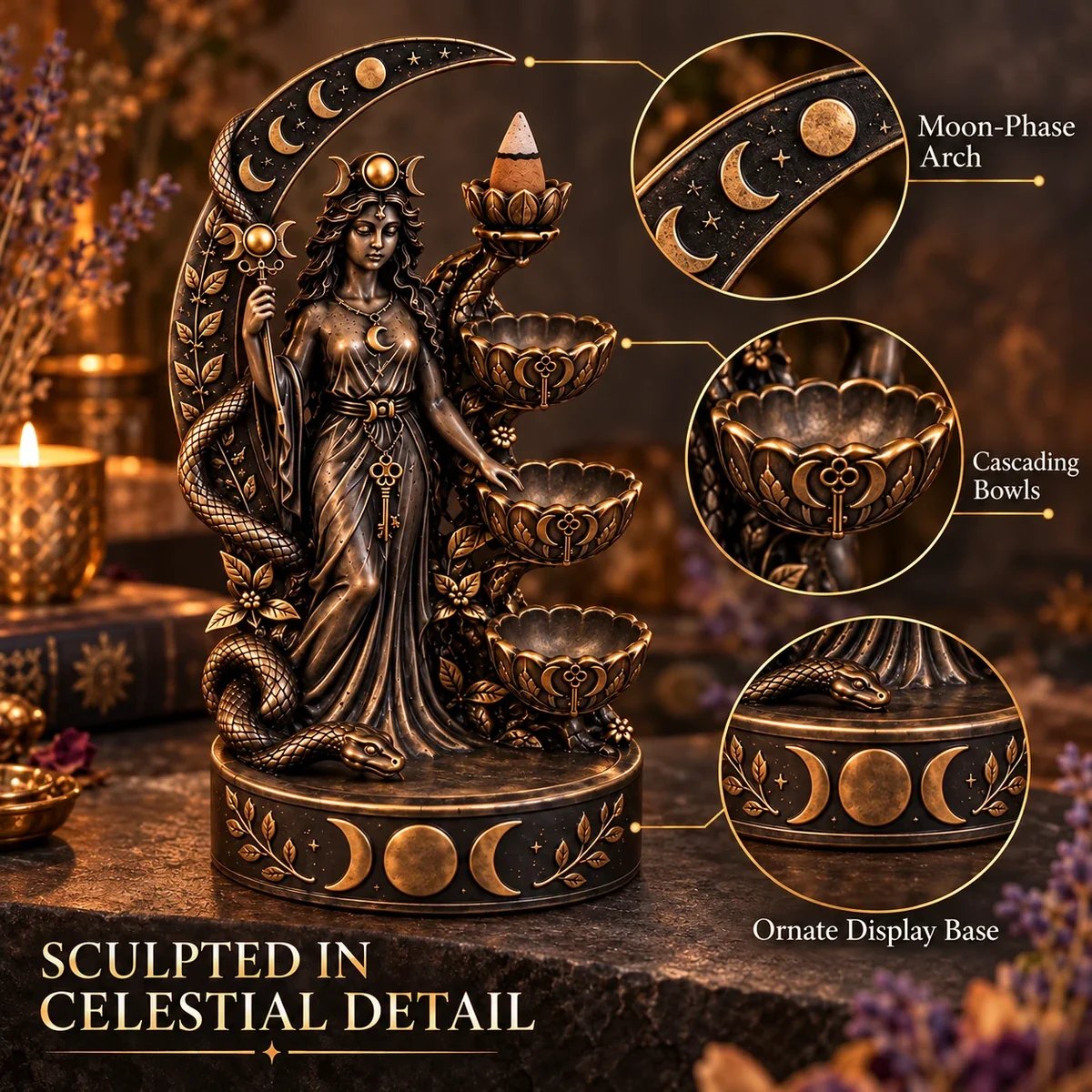 Detailed dark celestial backflow incense burner sculpture