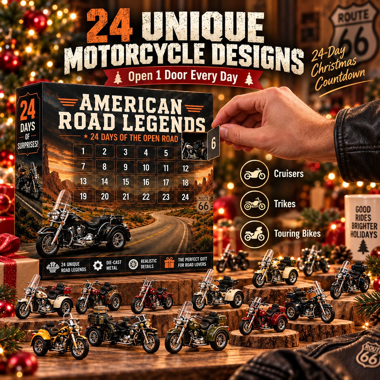 Motorcycle advent calendar promotional image showing a numbered compartment being opened