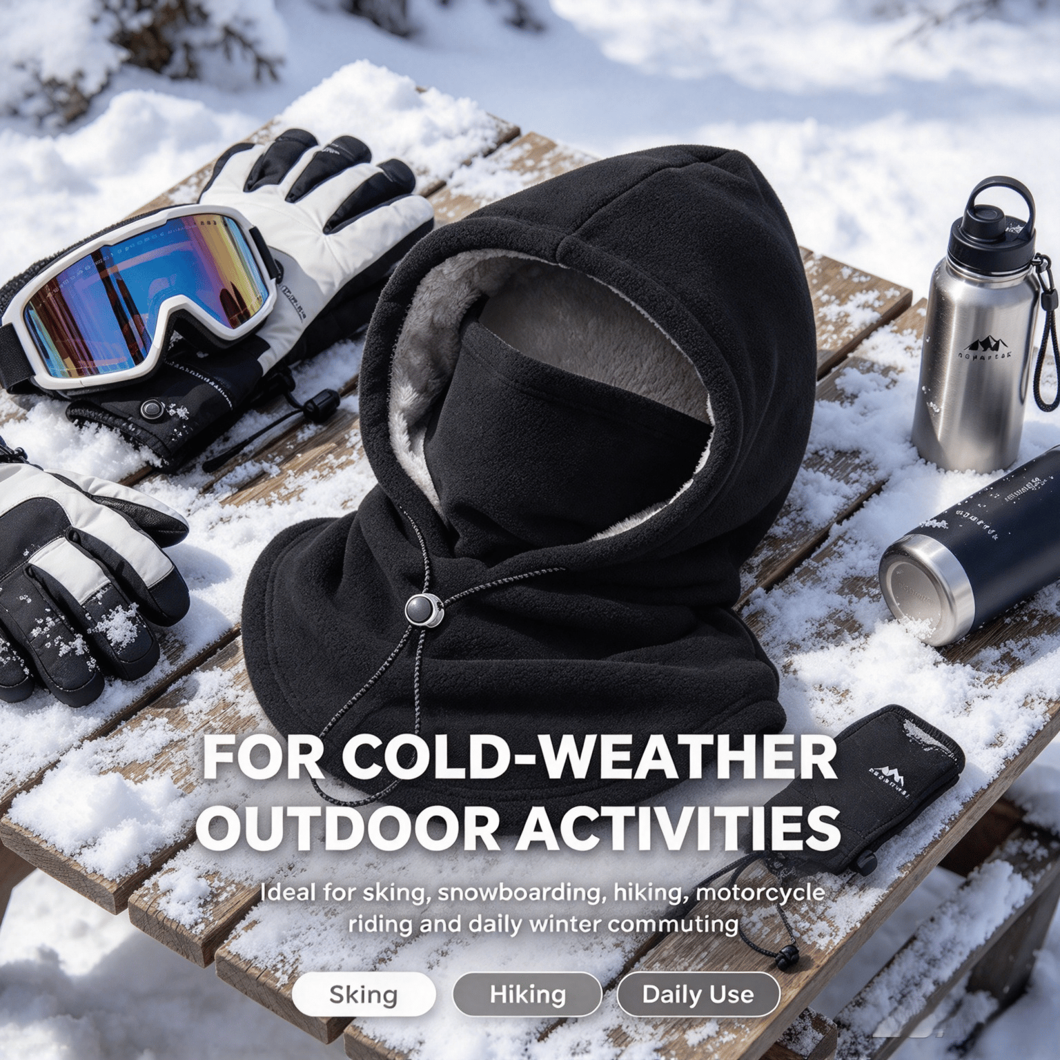Winter hood shown with outdoor gloves and cold weather gear