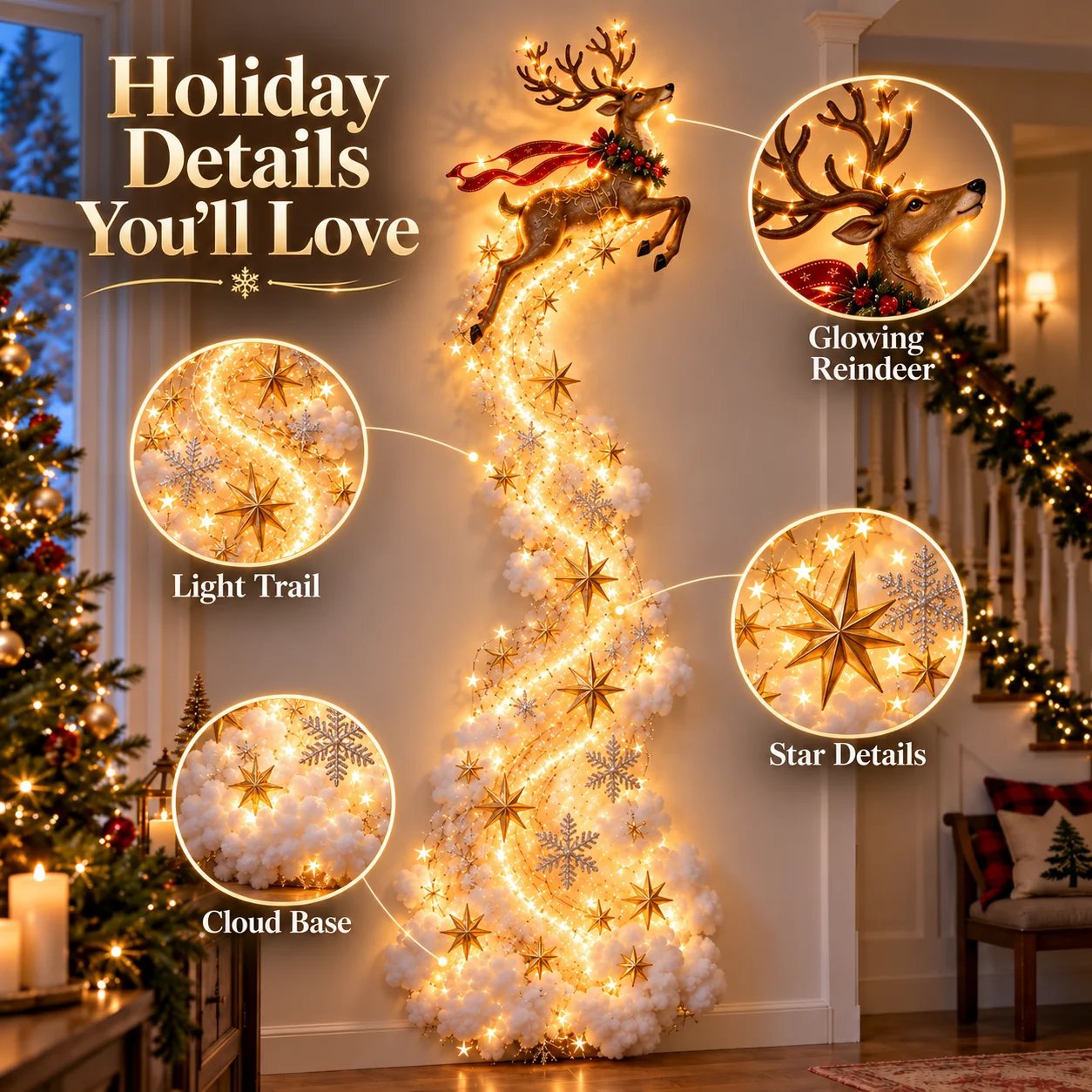 Santa sleigh Christmas wall light details
