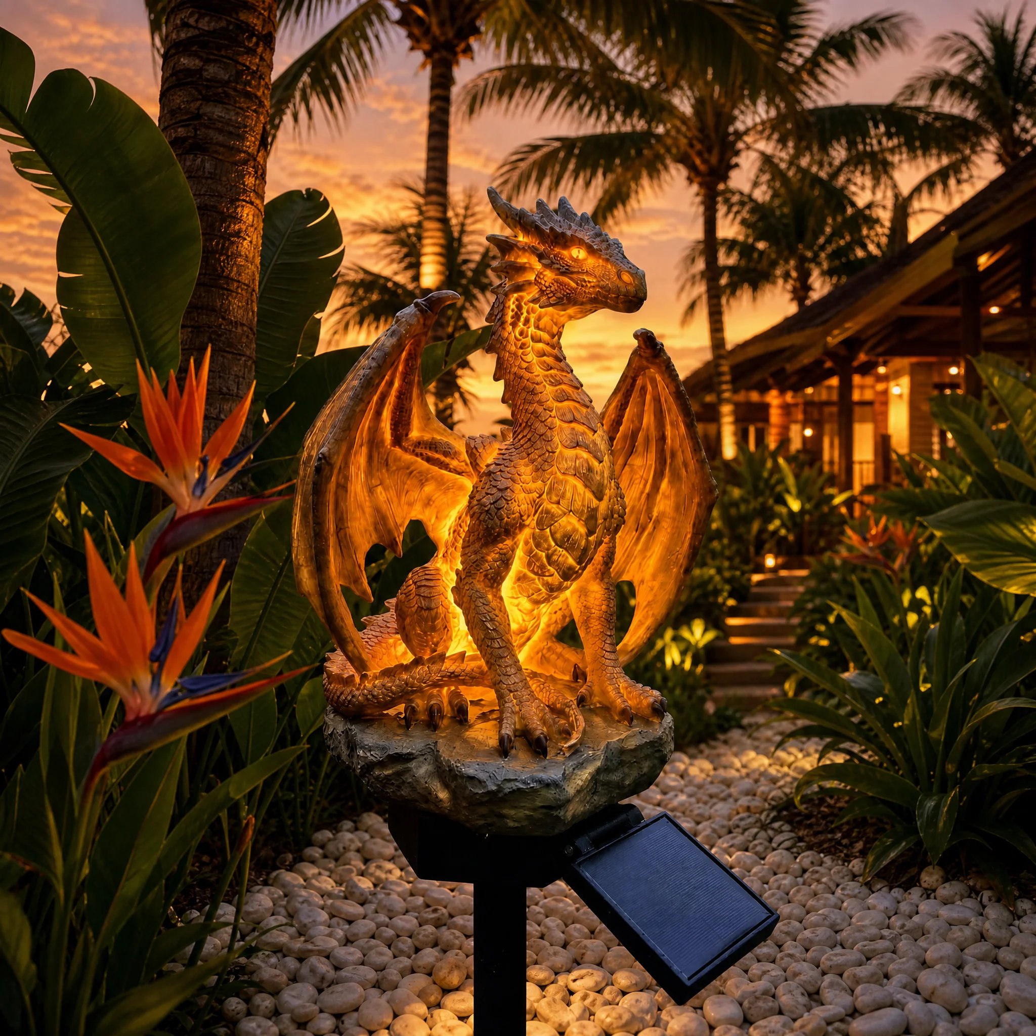 Solar panel dragon garden light detail