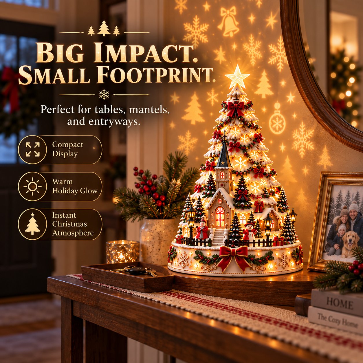 Compact Christmas centerpiece on a console table